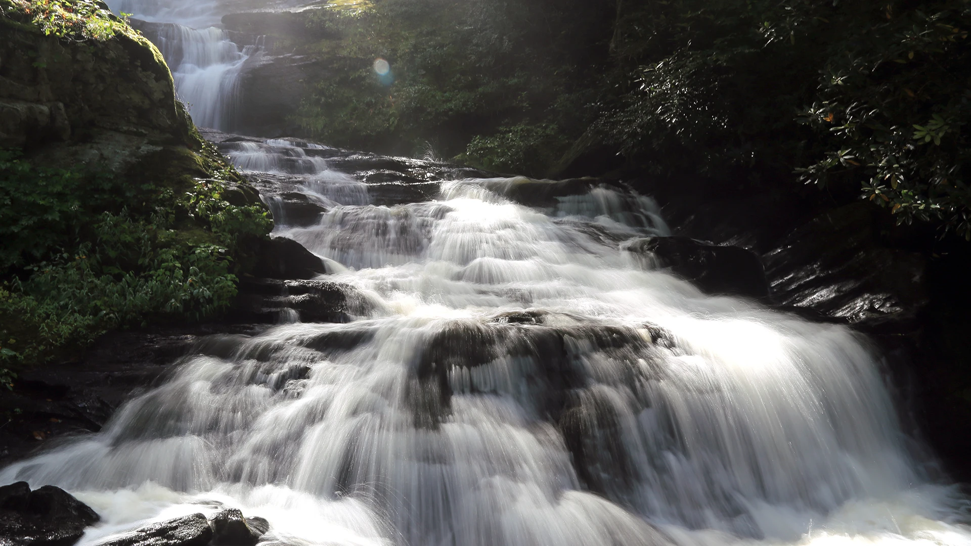 A river in the mountains with a beautiful waterfall