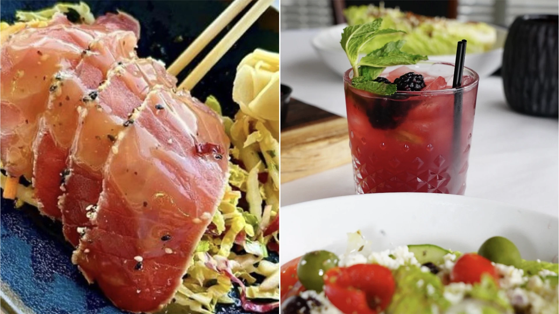 A delicious seafood dish and a cocktail from Sunset Grille & Teasers Bar in Ocean City, MD